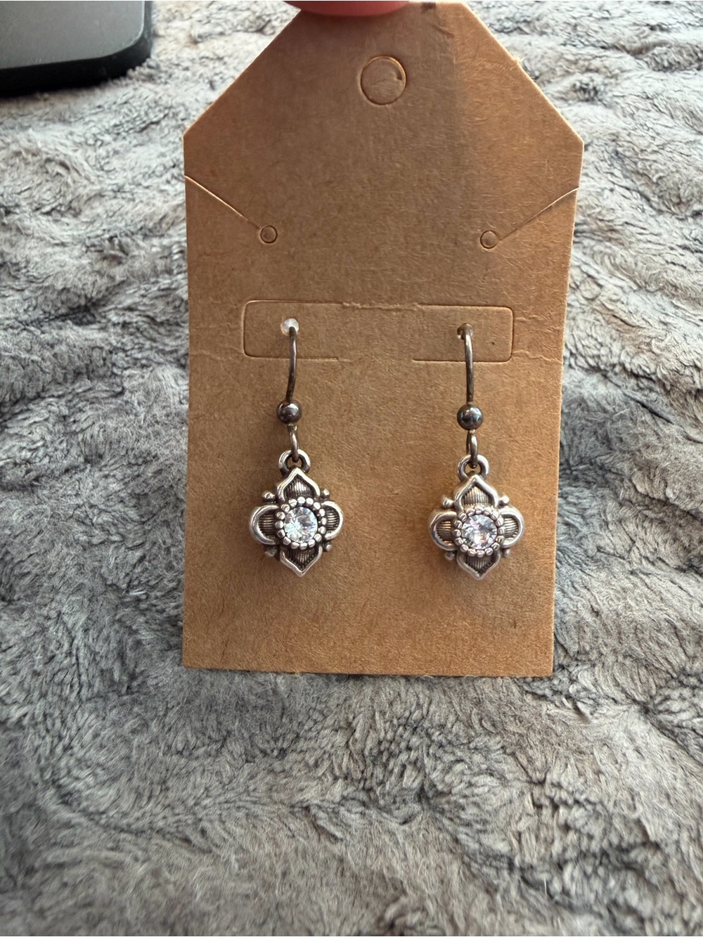 Brighton antiqued Silver-Tone Floral Drop Earrings with Clear Crystals